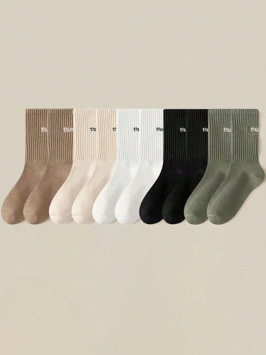 5Pairs/Set Men'S Solid Color Mid-Calf Socks with Letter & Heel Detail