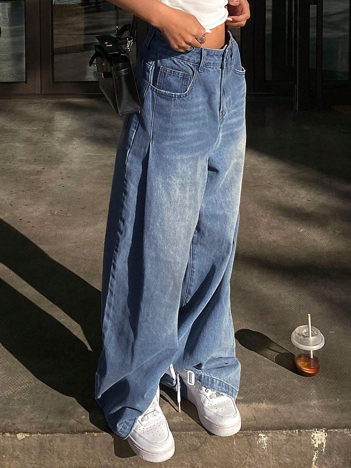 DAZY Ladies' Wide-Leg Jeans with Grinding & Distressed Details,Baggy Jeans