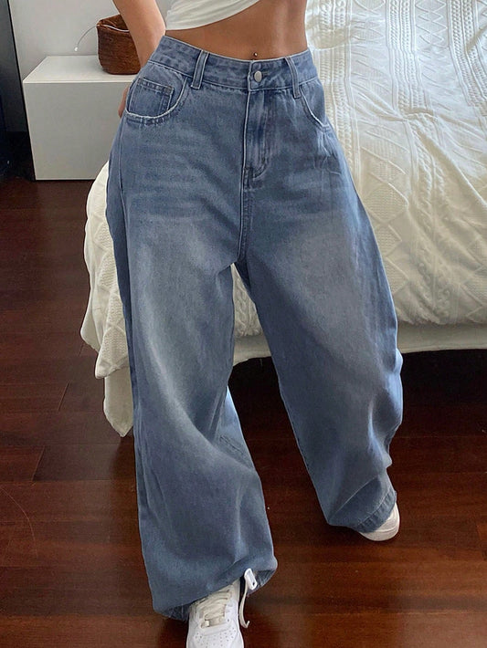 DAZY Ladies' Wide-Leg Jeans with Grinding & Distressed Details,Baggy Jeans