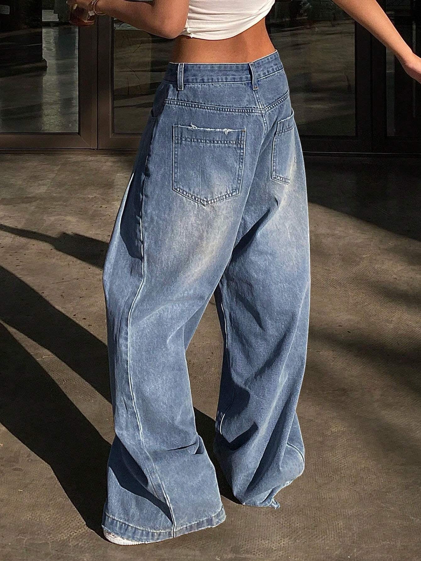 DAZY Ladies' Wide-Leg Jeans with Grinding & Distressed Details,Baggy Jeans
