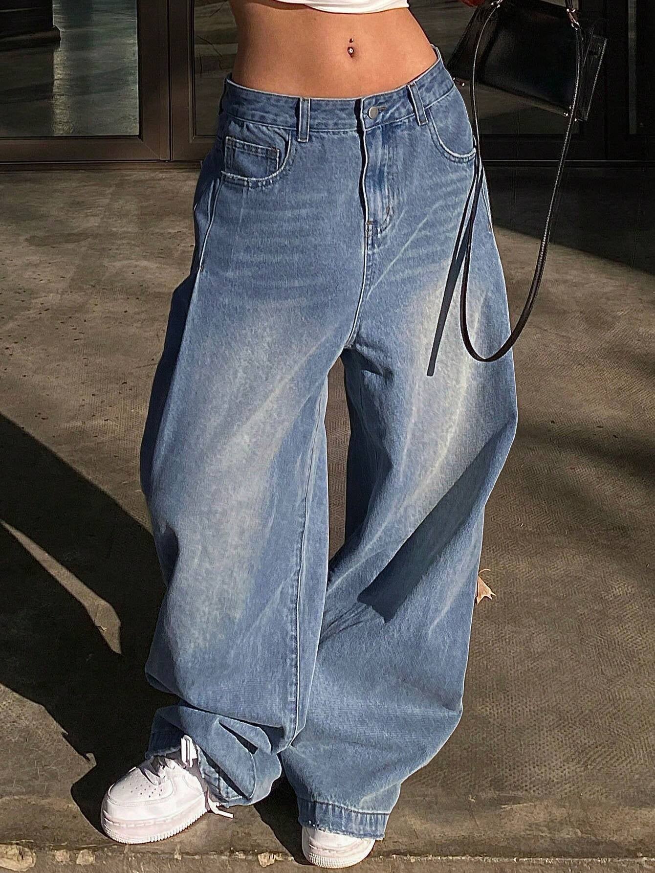 DAZY Ladies' Wide-Leg Jeans with Grinding & Distressed Details,Baggy Jeans